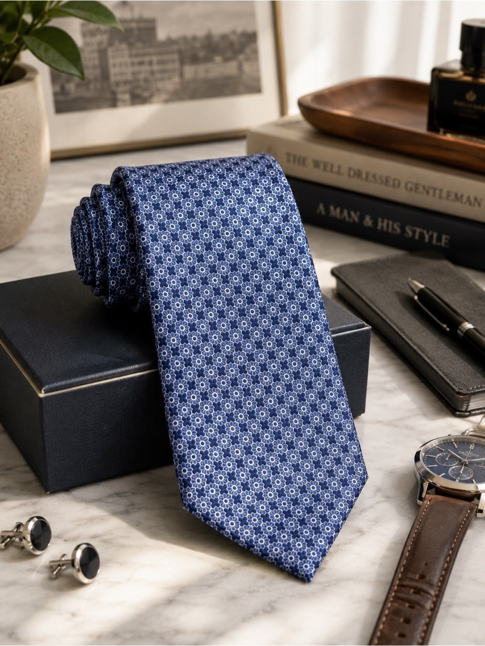 CLUB ROOM Men's Blue Silk Tie | Floral Pattern Office Party Wedding